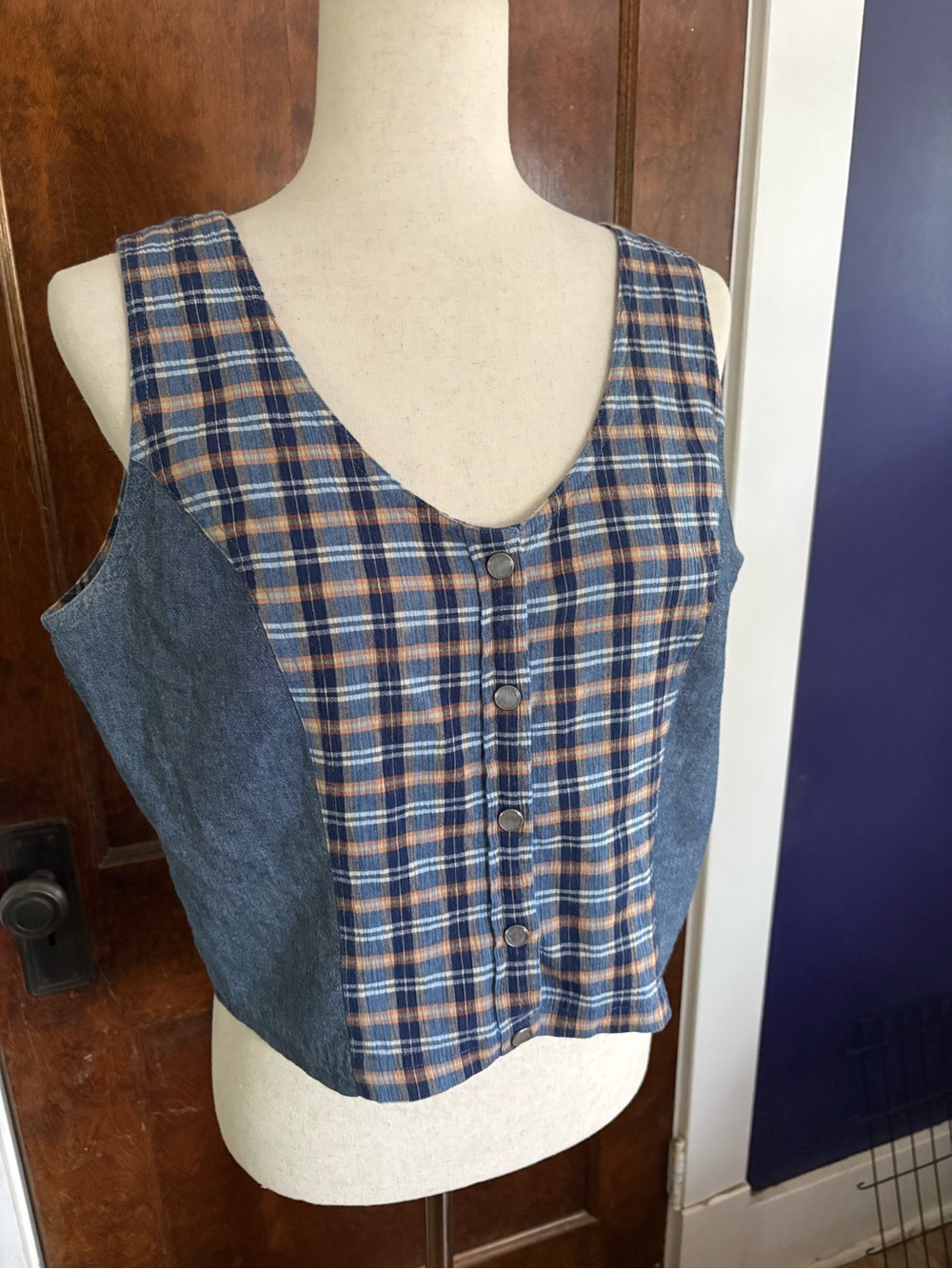 VTG 90s Harley Davidson 100% Cotton Plaid Denim Cropped Vest Top Pearl Snaps L - Picture 7 of 11